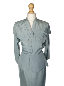1940s Pale Blue Silk Suit With Peplum Collar and Raglan Sleeve