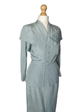 Load image into Gallery viewer, 1940s Pale Blue Silk Suit With Peplum Collar and Raglan Sleeve

