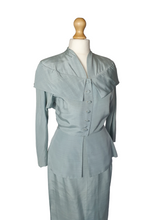 Load image into Gallery viewer, 1940s Pale Blue Silk Suit With Peplum Collar and Raglan Sleeve
