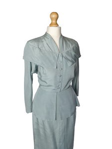 1940s Pale Blue Silk Suit With Peplum Collar and Raglan Sleeve