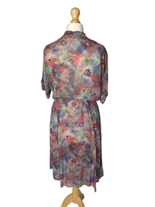 1940s Pink, Blue and Green Mottled Hawaiian Leaf Print Dress