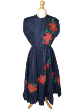 Load image into Gallery viewer, 1950s Hand Painted Navy Blue Dress With Tiered Skirt and Lily Pattern
