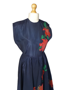1950s Hand Painted Navy Blue Dress With Tiered Skirt and Lily Pattern