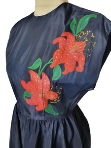 1950s Hand Painted Navy Blue Dress With Tiered Skirt and Lily Pattern