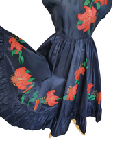 Load image into Gallery viewer, 1950s Hand Painted Navy Blue Dress With Tiered Skirt and Lily Pattern
