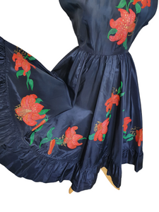 1950s Hand Painted Navy Blue Dress With Tiered Skirt and Lily Pattern