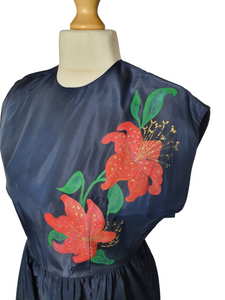 1950s Hand Painted Navy Blue Dress With Tiered Skirt and Lily Pattern