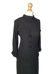 Late 1940s Black Dress With Button Detail