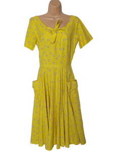 1950s Rare Horrockses Yellow, Black and White Spotty Print Dress