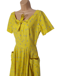 1950s Rare Horrockses Yellow, Black and White Spotty Print Dress