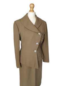 1950s RARE Lilli Ann Sage Green Suit With Asymmetrical and Pleated Details