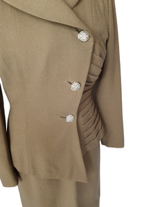 1950s RARE Lilli Ann Sage Green Suit With Asymmetrical and Pleated Details