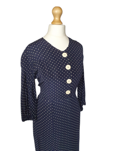 1930s Navy Blue and White Spotty Print Crepe Dress
