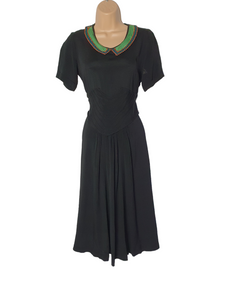 1940s Black Dress With Amazing Soutache Collar and Detailed Waistband