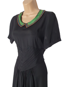 1940s Black Dress With Amazing Soutache Collar and Detailed Waistband