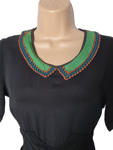 1940s Black Dress With Amazing Soutache Collar and Detailed Waistband