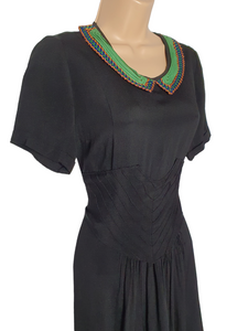1940s Black Dress With Amazing Soutache Collar and Detailed Waistband
