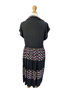 1940s Black Dress With Colour Block Multicoloured Rose Print