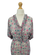 Load image into Gallery viewer, 1940s Sheer Grey Dress With Teal, Pink and White Spotty Print
