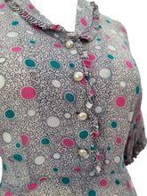 Load image into Gallery viewer, 1940s Sheer Grey Dress With Teal, Pink and White Spotty Print
