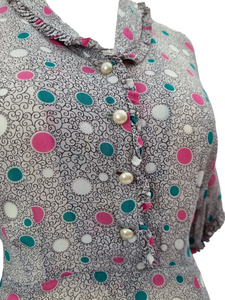 1940s Sheer Grey Dress With Teal, Pink and White Spotty Print