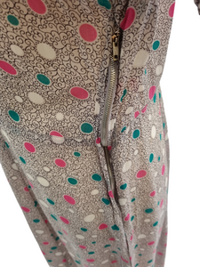 1940s Sheer Grey Dress With Teal, Pink and White Spotty Print