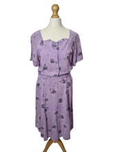 Load image into Gallery viewer, 1940s Lilac, Blue, Black and White Rayon Dress With Hankerchief and Pocket Applique
