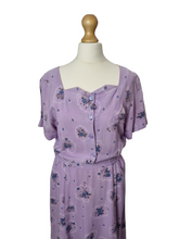 Load image into Gallery viewer, 1940s Lilac, Blue, Black and White Rayon Dress With Hankerchief and Pocket Applique
