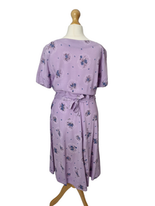 1940s Lilac, Blue, Black and White Rayon Dress With Hankerchief and Pocket Applique