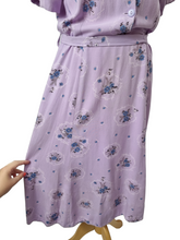 Load image into Gallery viewer, 1940s Lilac, Blue, Black and White Rayon Dress With Hankerchief and Pocket Applique
