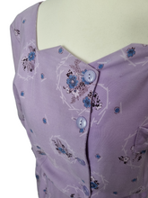 Load image into Gallery viewer, 1940s Lilac, Blue, Black and White Rayon Dress With Hankerchief and Pocket Applique
