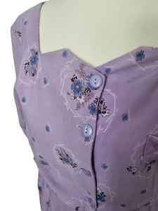 1940s Lilac, Blue, Black and White Rayon Dress With Hankerchief and Pocket Applique