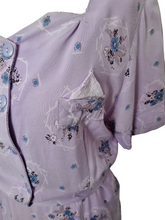 Load image into Gallery viewer, 1940s Lilac, Blue, Black and White Rayon Dress With Hankerchief and Pocket Applique
