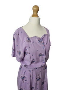 1940s Lilac, Blue, Black and White Rayon Dress With Hankerchief and Pocket Applique