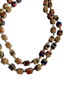 1930s Beige, Red and Blue Square Glass Knotted Necklace
