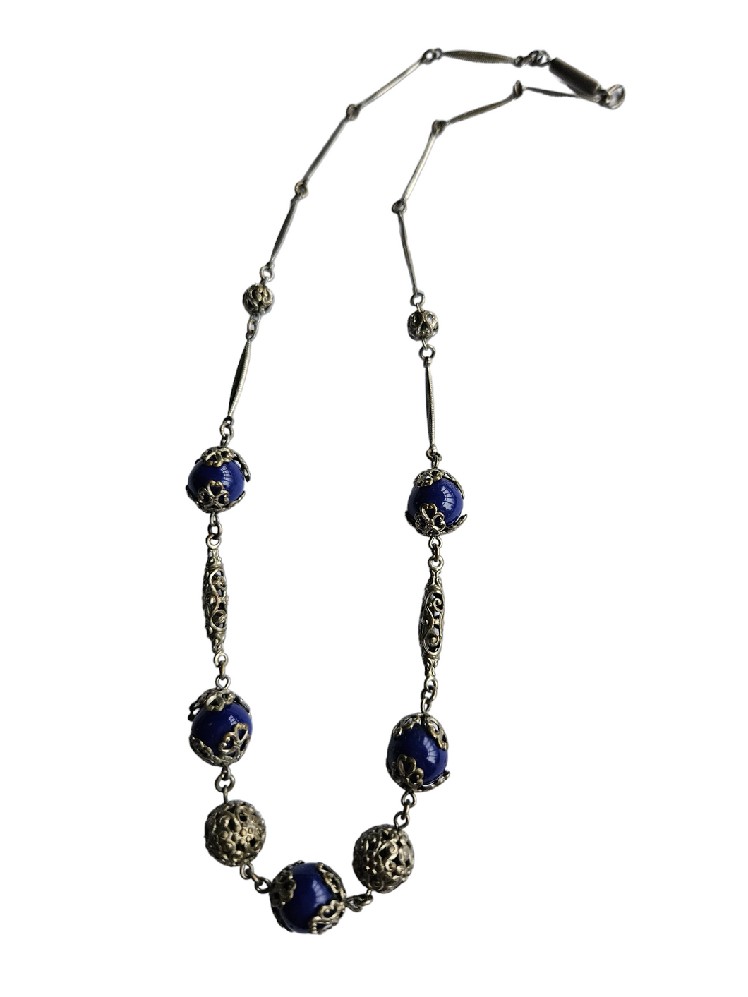 1930s Czech Blue Stone Filigree Necklace