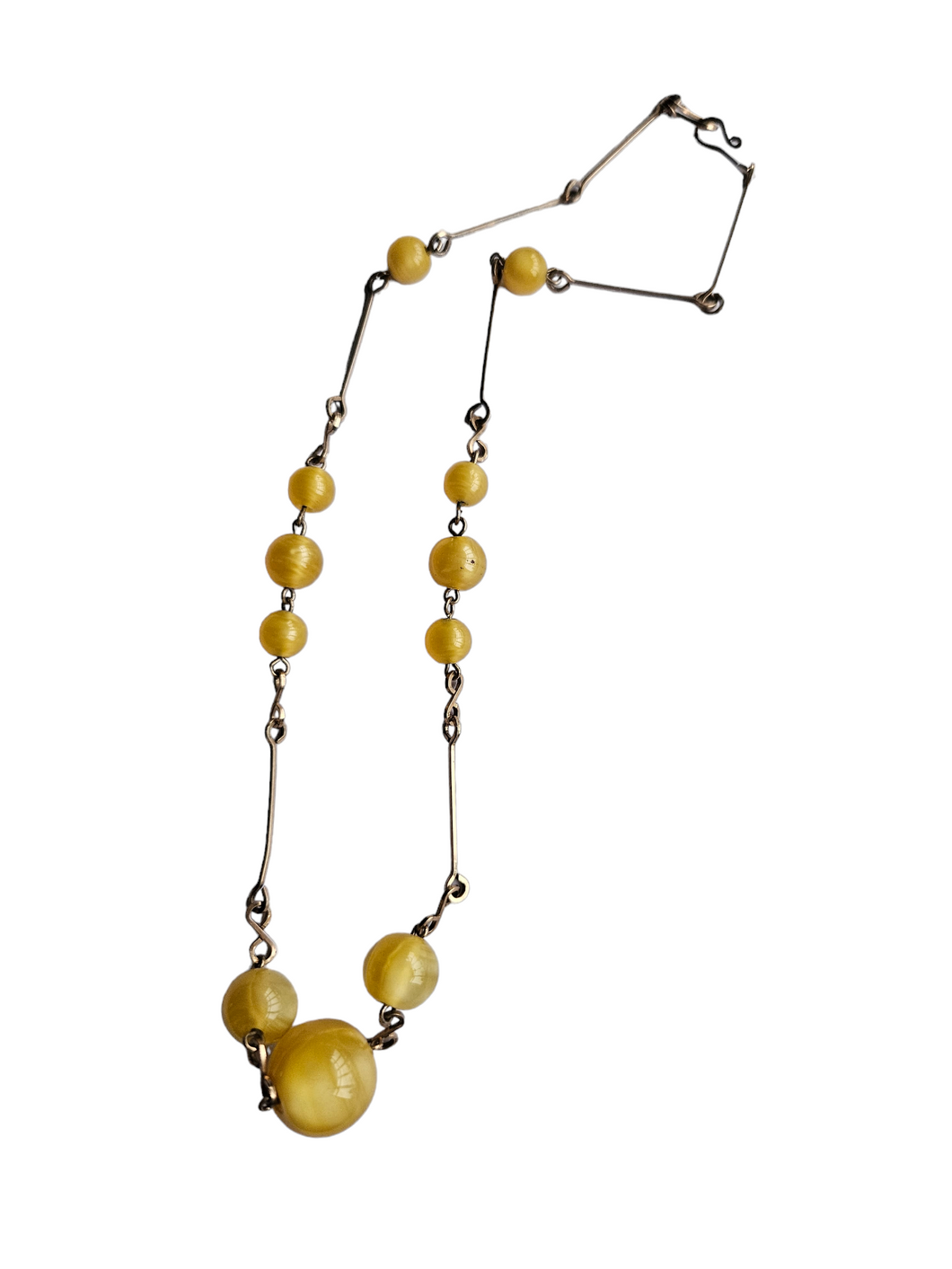 1930s Deco Yellow Satin Glass and Rolled Wire Necklace