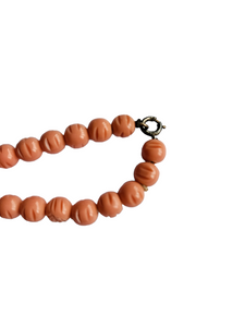 1940s Carved Coral Pink Galalith Necklace