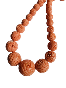 1940s Carved Coral Pink Galalith Necklace