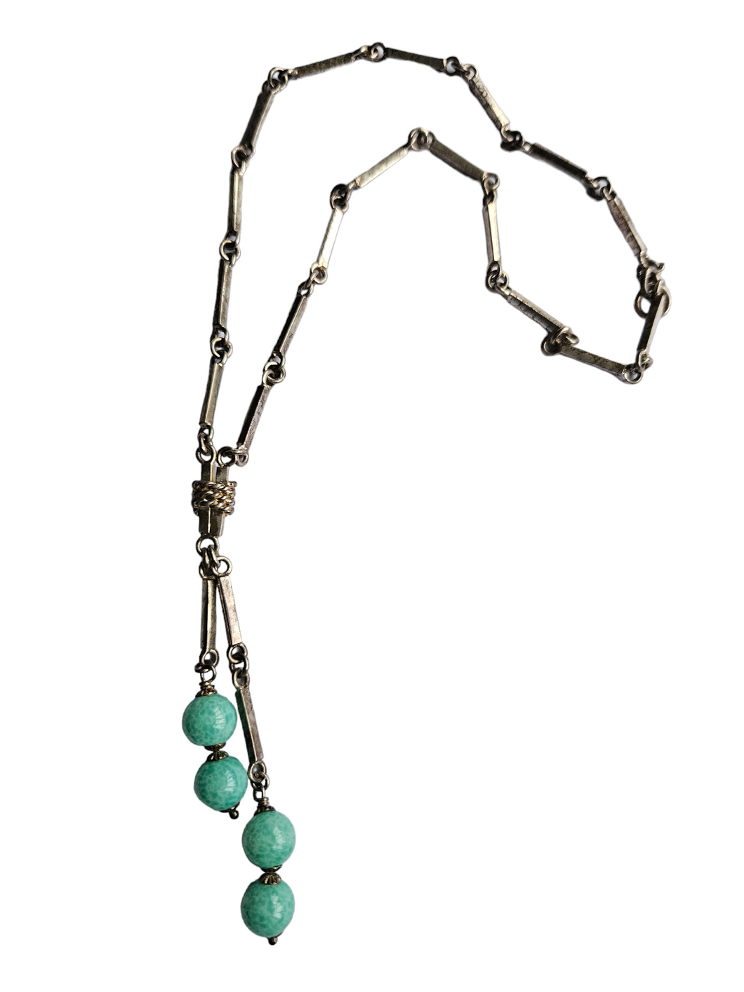 1930s Art Deco Czech? Green Peking Glass Metal Lariat Necklace