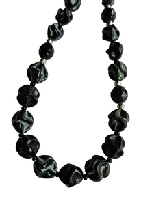 1930s Green and Black  Marbled Textured Glass Necklace