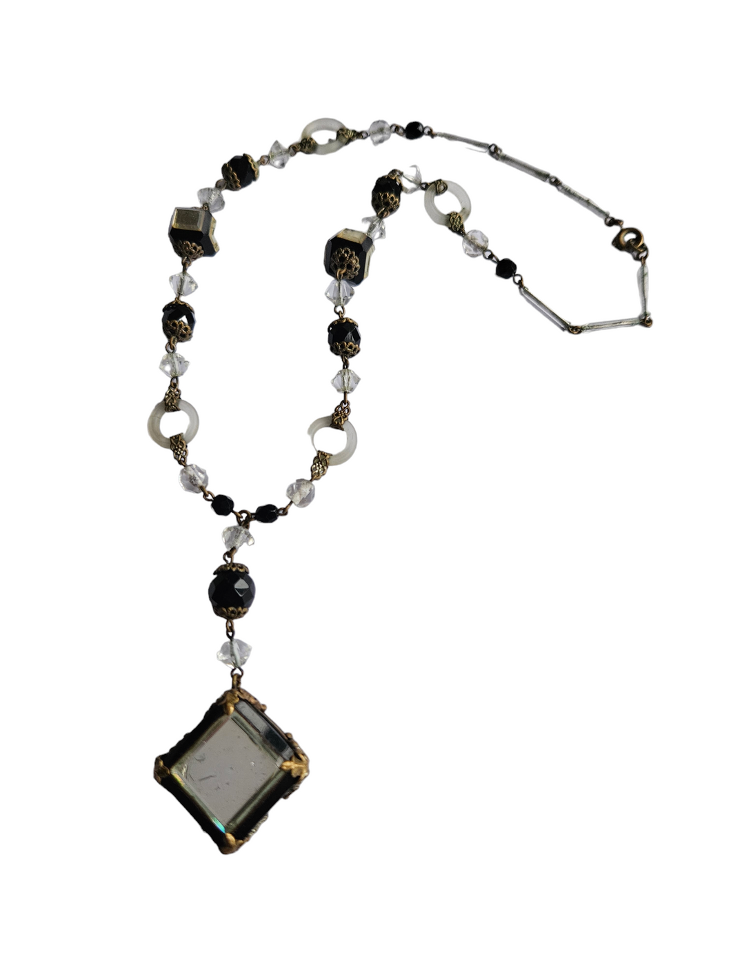 1930s Art Deco Czech Black, Metal, Mirrored Glass Necklace