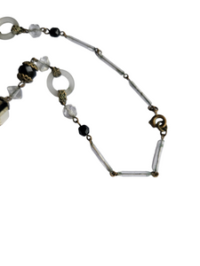 1930s Art Deco Czech Black, Metal, Mirrored Glass Necklace
