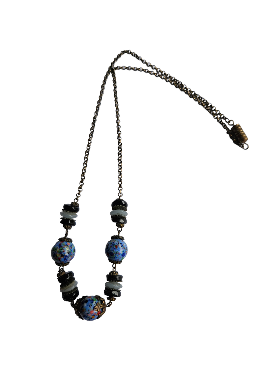 1930s Blue Speckled, Black Glass and Metal Necklace