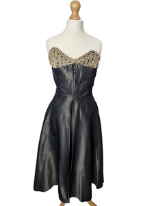 1950s Grey Taffeta and Lace Prom Dress