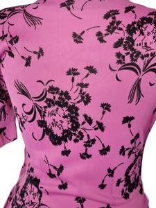 1940s Hot Pink and Black Bouquet Print Rayon Jersey Dress