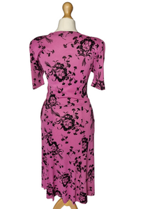 1940s Hot Pink and Black Bouquet Print Rayon Jersey Dress