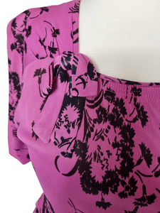 1940s Hot Pink and Black Bouquet Print Rayon Jersey Dress