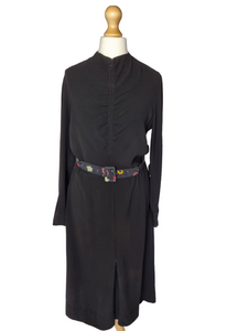 1940s Black Crepe Dress With Patterned Dress