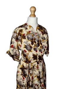 Late 1940s Golden, Brown and Red Flower/Leaf Print Dress